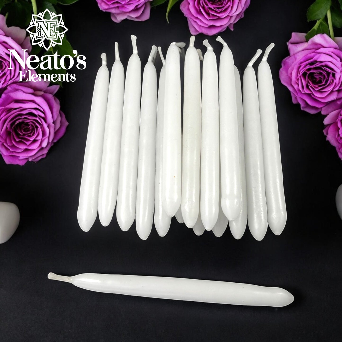 Neatos Elements hand-dipped white taper candles for divination and ritual, approx 5.25 inches long.
