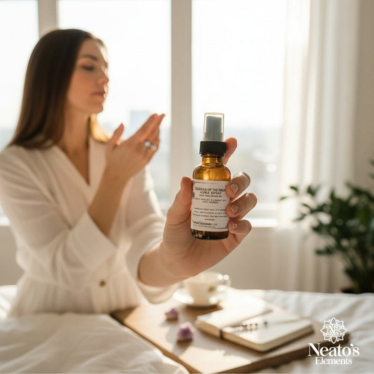 Neato's Elements Goddess of the Night aura spray with white sage and lavender, infused with rainbow moonstone.
