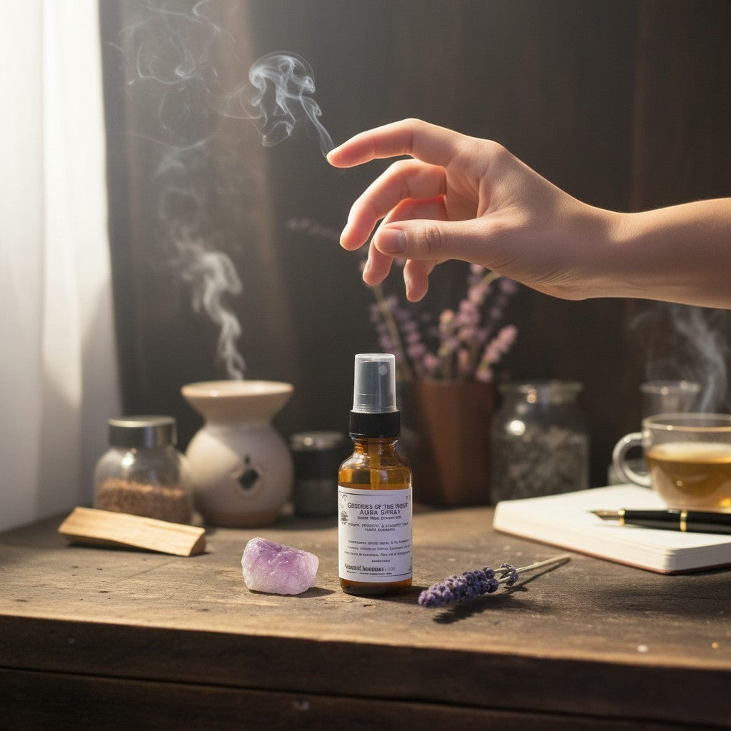 Neato's Elements Goddess of the Night aura spray with white sage and lavender, infused with rainbow moonstone.