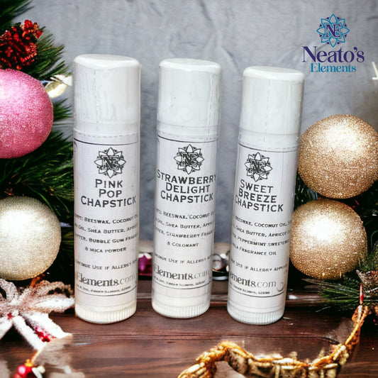 Neato's Elements Chapstick Trio bundle with Strawberry Delight, Pink Pop, and Sweet Breeze flavors. Natural lip balm.