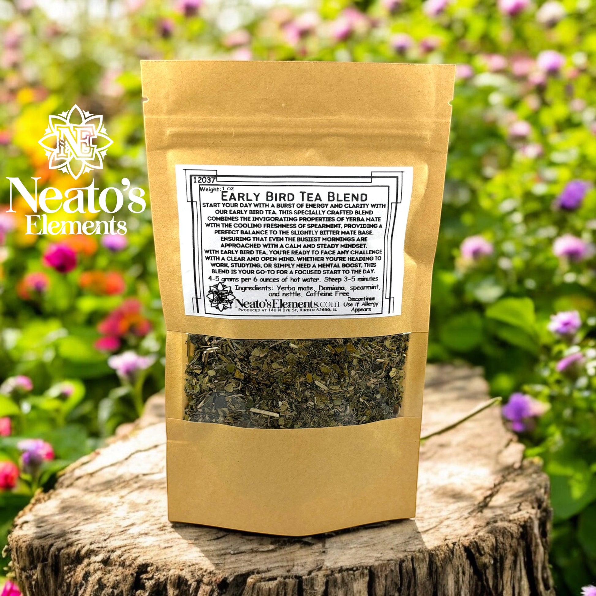 Neato's Elements Early Bird Tea Blend loose leaf tea with yerba mate, damiana, spearmint, and nettle.