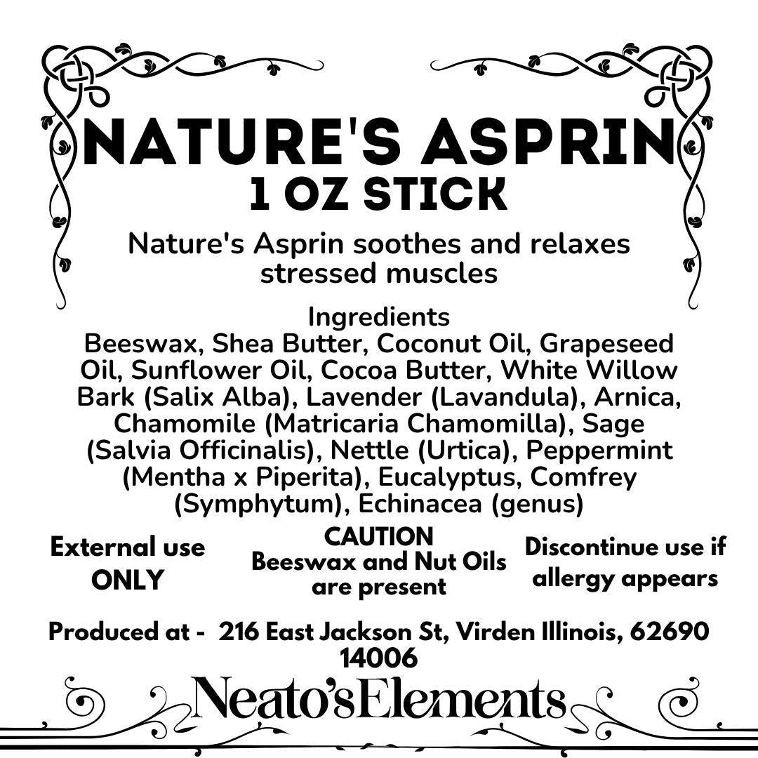 Neato's Elements Nature's Aspirin Stick 1 oz, herbal balm for muscle relief with Arnica, White Willow Bark, Lavender, Chamomile.