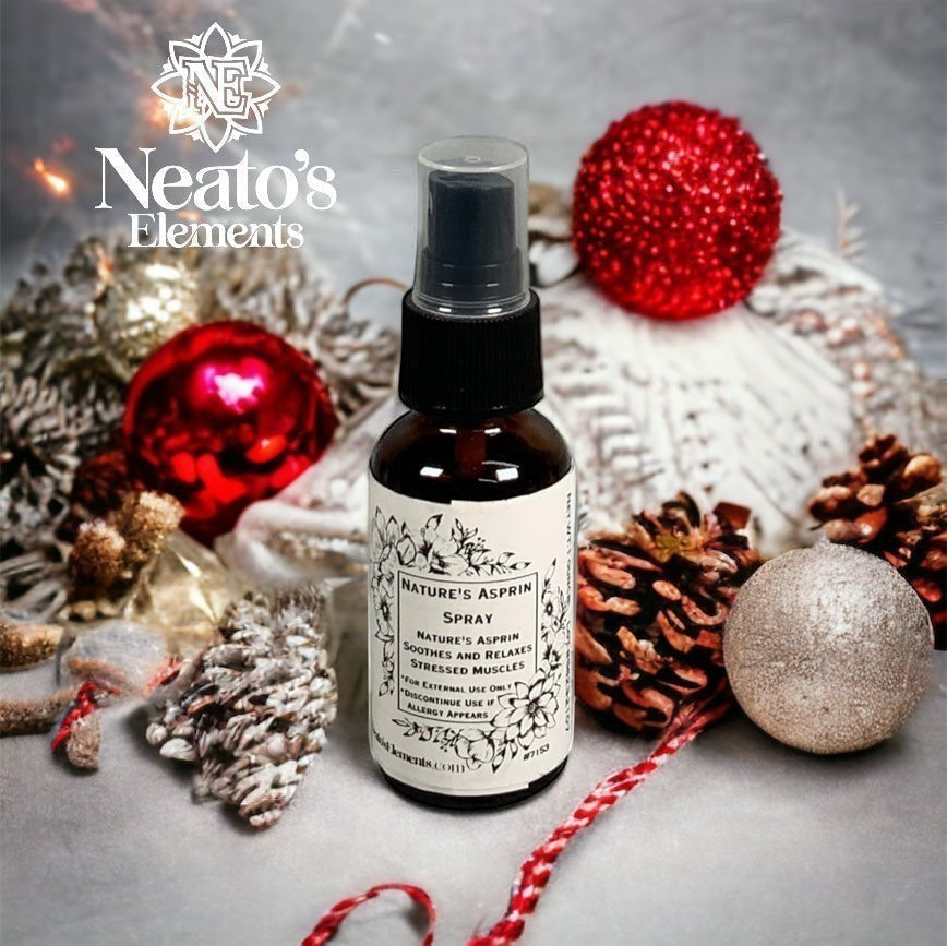 Neato's Elements Nature's Asprin herbal spray for soothing stressed muscles, 2 oz bottle with festive holiday decor.