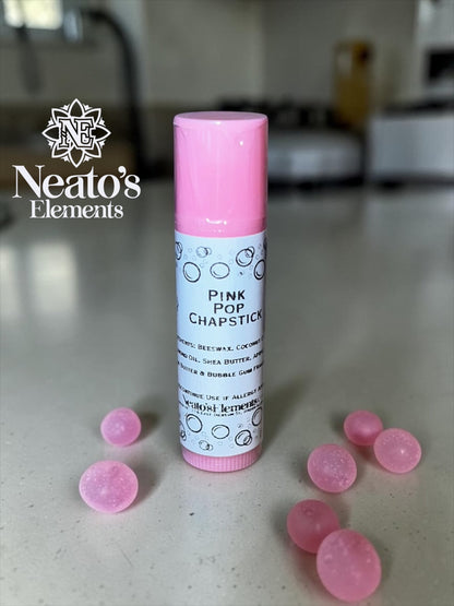 Neato's Elements Pink Pop bubble gum flavored chapstick with beeswax, coconut oil, and shea butter for soft lips.
