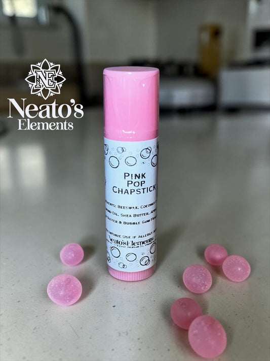 Neato's Elements Pink Pop bubble gum flavored chapstick with beeswax, coconut oil, and shea butter for soft lips.