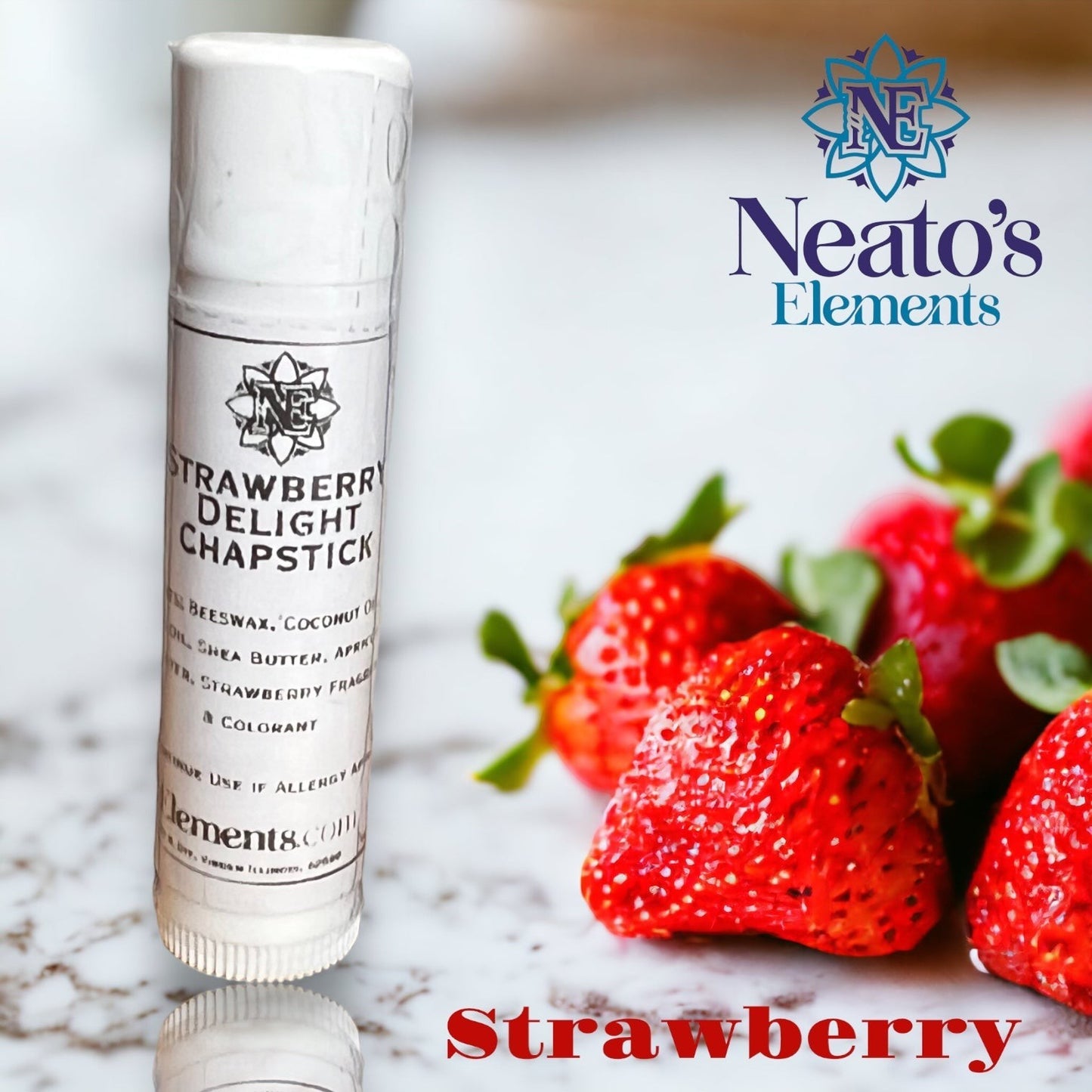 Neato's Elements Strawberry Delight Chapstick, a white tube with a black and white label, featuring juicy strawberries.