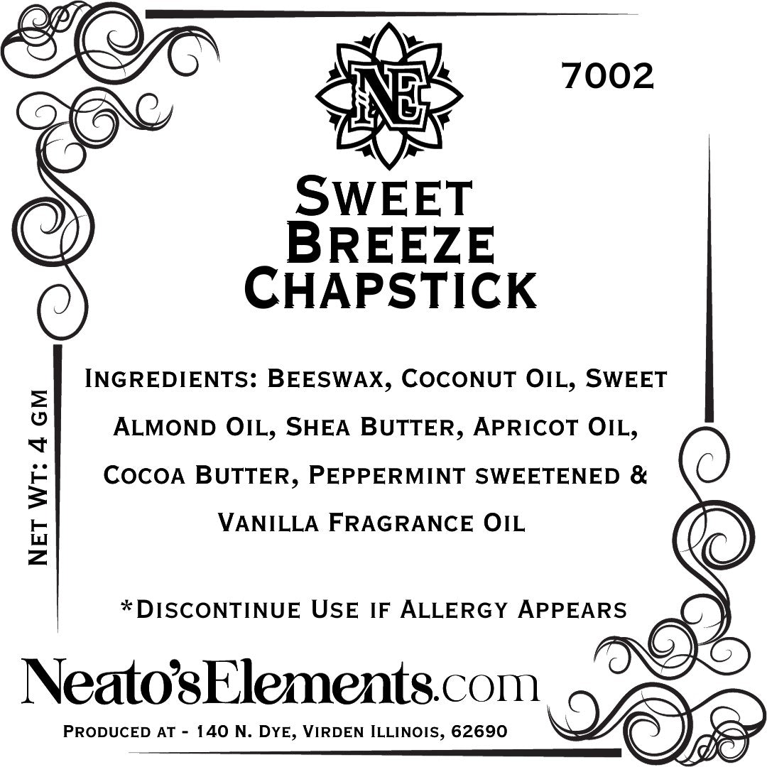 Neato's Elements Sweet Breeze chapstick with peppermint and vanilla fragrance oil. Natural ingredients for lip hydration.