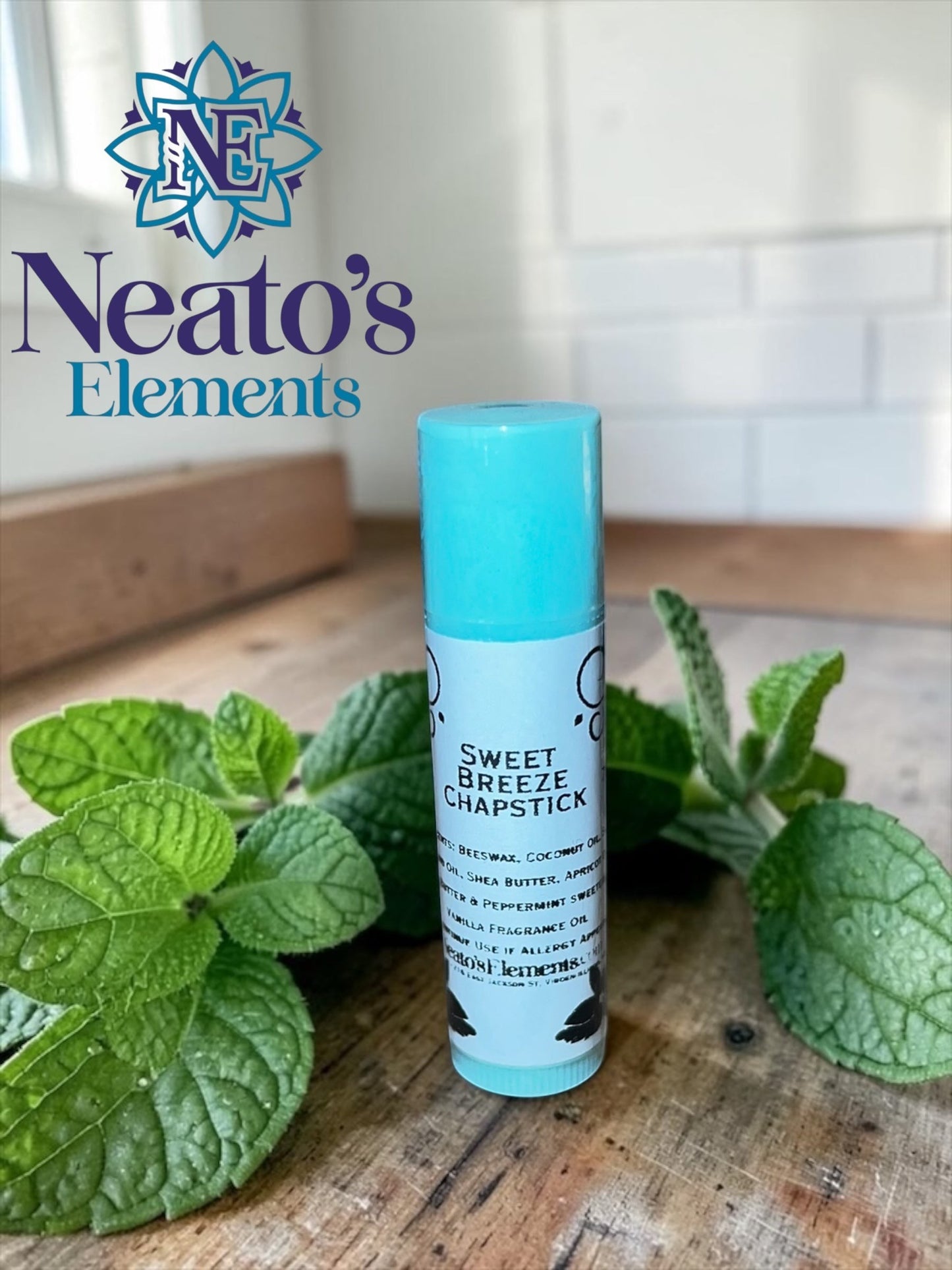Neato's Elements Sweet Breeze Peppermint Chapstick with a cooling, refreshing mint flavor for soft, hydrated lips.