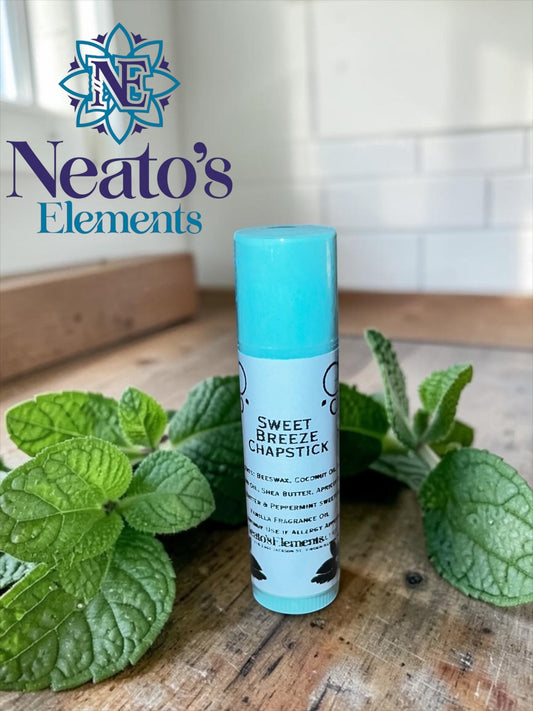 Neato's Elements Sweet Breeze Peppermint Chapstick with a cooling, refreshing mint flavor for soft, hydrated lips.