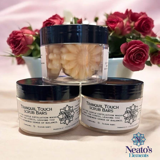 Neato's Elements Tranquil Touch Scrub Bars 5-pack in jars, shaped like flowers, with frankincense and rosemary scent.
